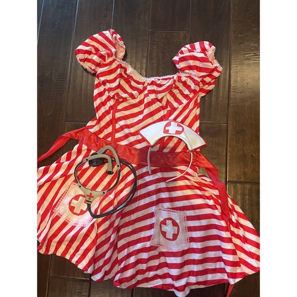Leg Avenue Dresses & Skirts - Vintage Candy Stripe Nurse Halloween Costume Womens Medium Red Leg Avenue Y2K